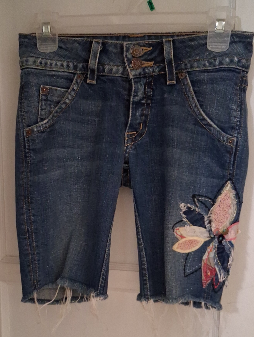 Hudson Jeans Mid-Blue Denim Bermuda Shorts with Floral Patch